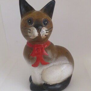 *Vintage* Carved Wood CAT Figurine with Red Ribbon (F48)